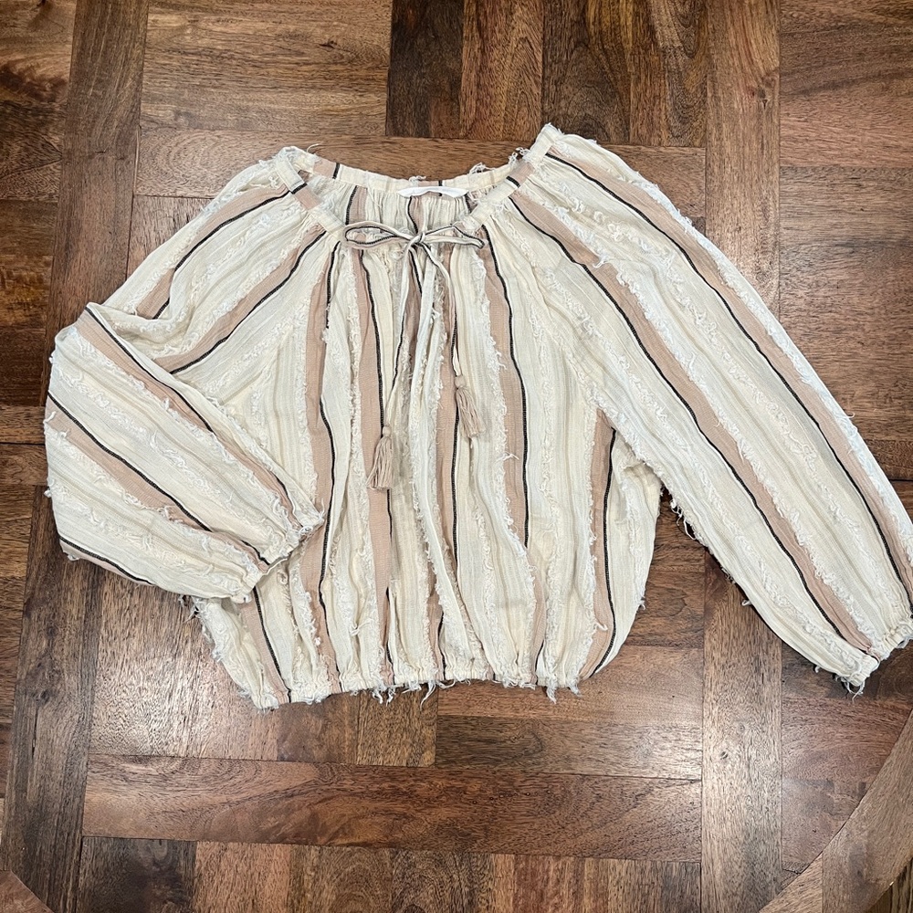 Textured Beige and White Peasant Top Long Sleeve Sheer Size M by Mango MNG